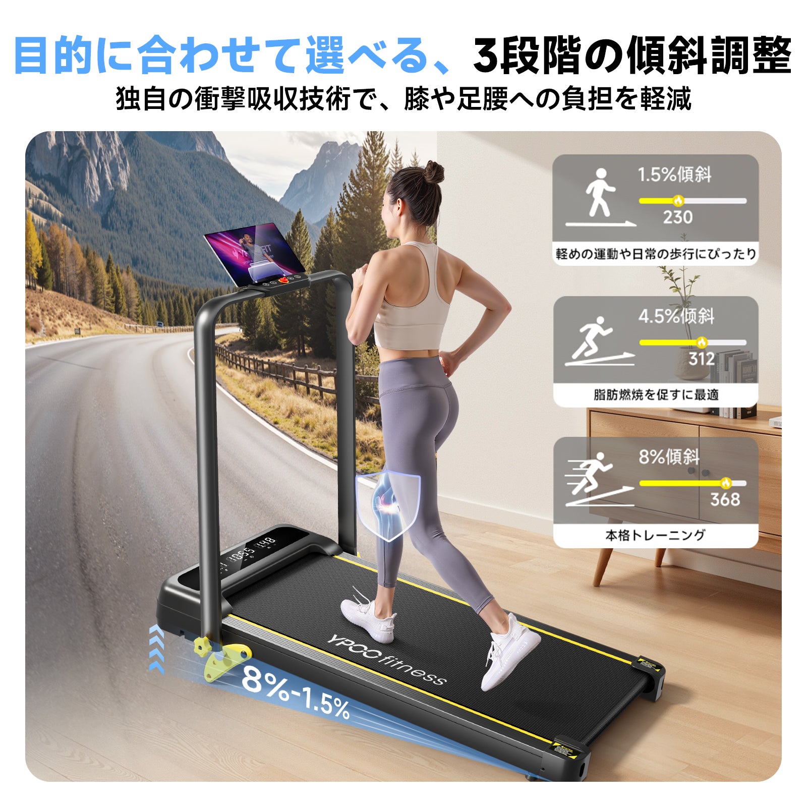ルームランナー折り畳み傾斜機能付! YPOO ルームランナー 家庭用 MAX8km/h 【2025年 日本初上陸