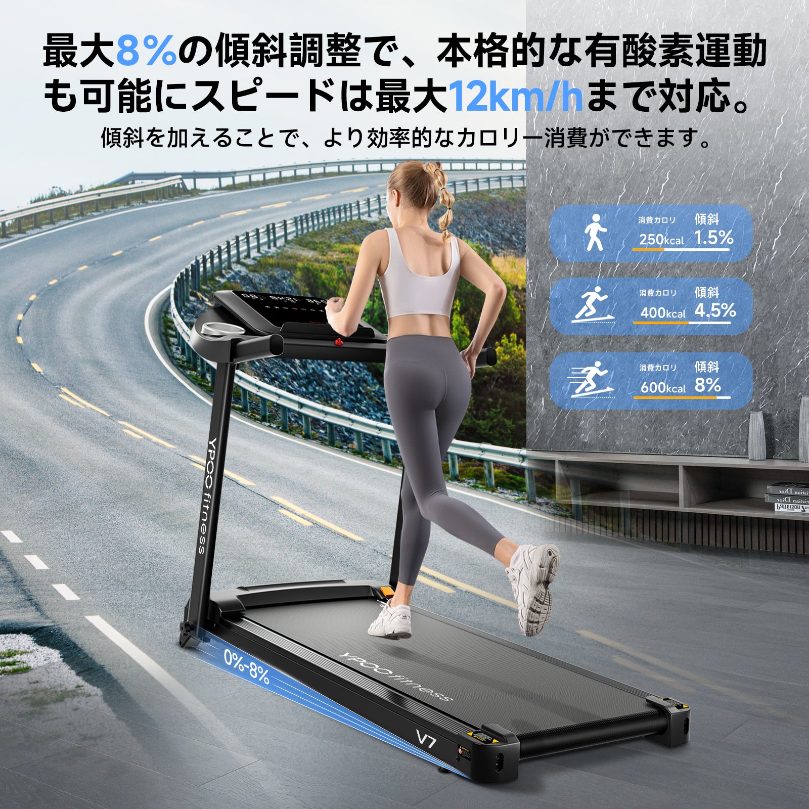 YPOO ランニングマシーン ルームランナー 家庭用 静音 【折りたたみ式&見やすい操作パネル】 3段階傾斜 ウォーキングマシン MAX12km/h アプリ連動 106cm広幅走行面 男女兼用 高齢者