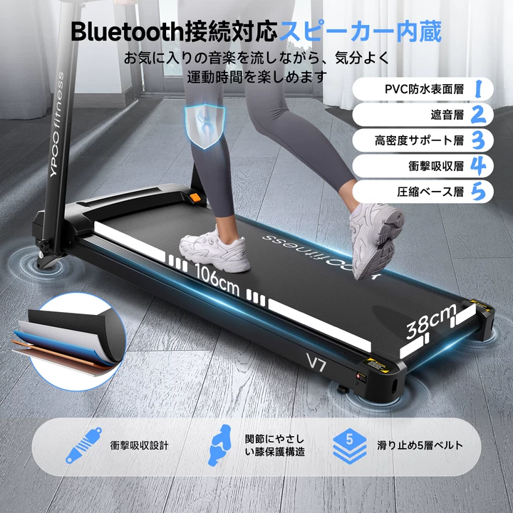 YPOO ランニングマシーン ルームランナー 家庭用 静音 【折りたたみ式&見やすい操作パネル】 3段階傾斜 ウォーキングマシン MAX12km/h アプリ連動 106cm広幅走行面 男女兼用 高齢者
